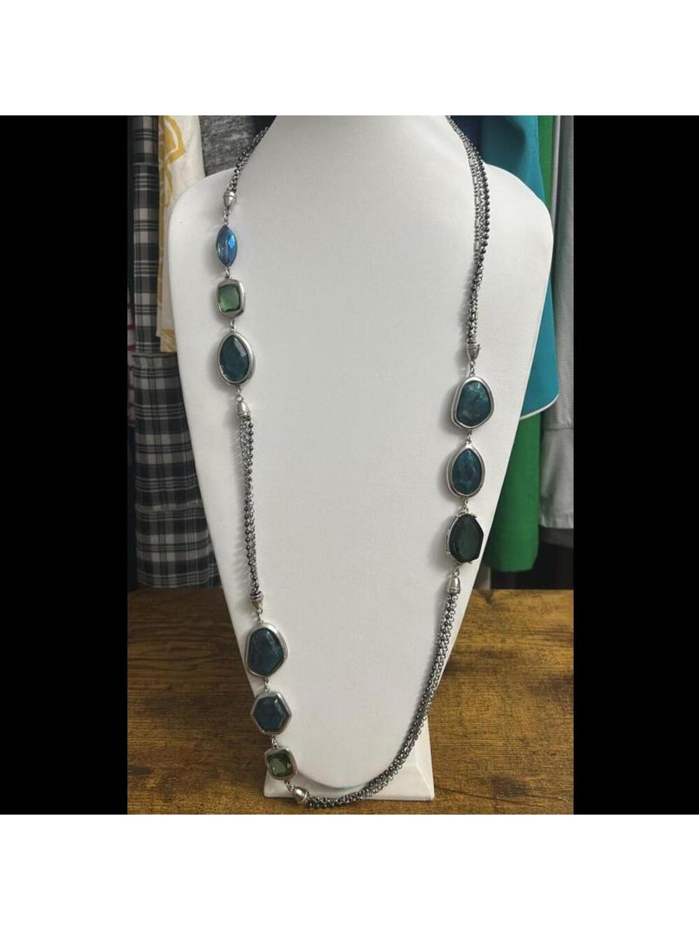 Chico's Silver-Tone Long Pendant Necklace with Blue Green Stone Accents